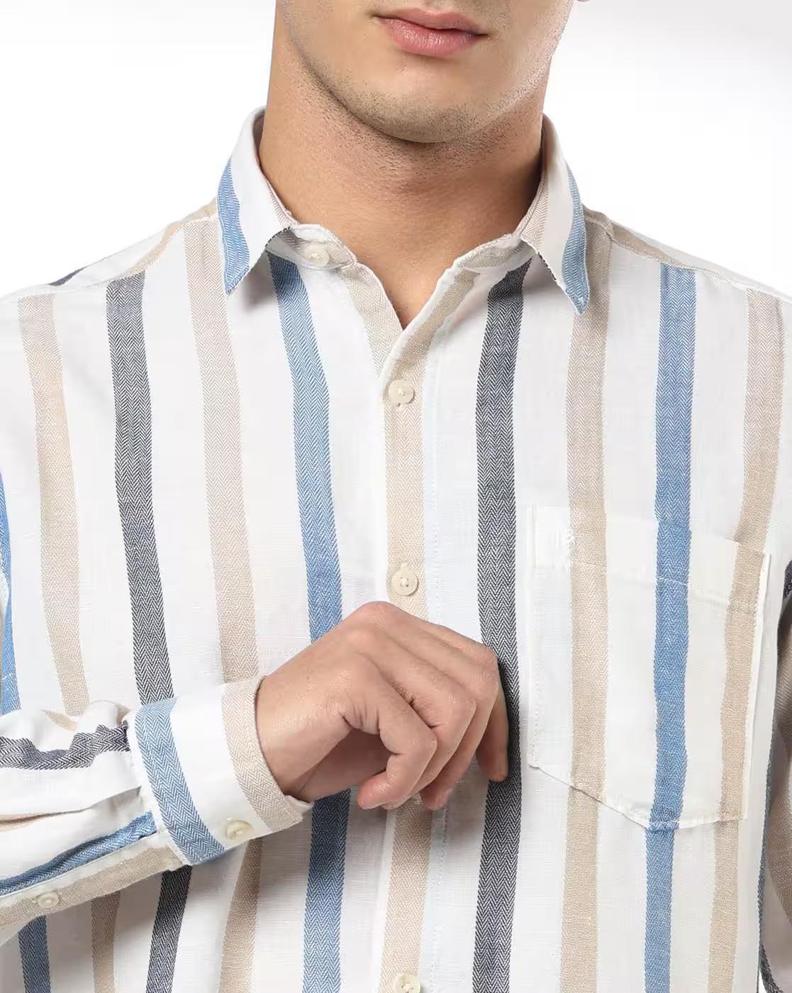 John Players | Men Striped Slim Fit Cotton Linen Shirt with Patch Pocket|4