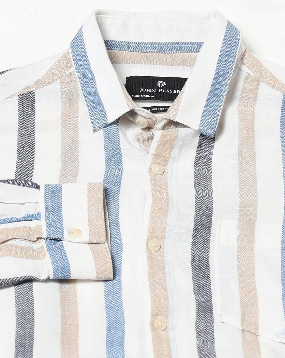 John Players | Men Striped Slim Fit Cotton Linen Shirt with Patch Pocket|5