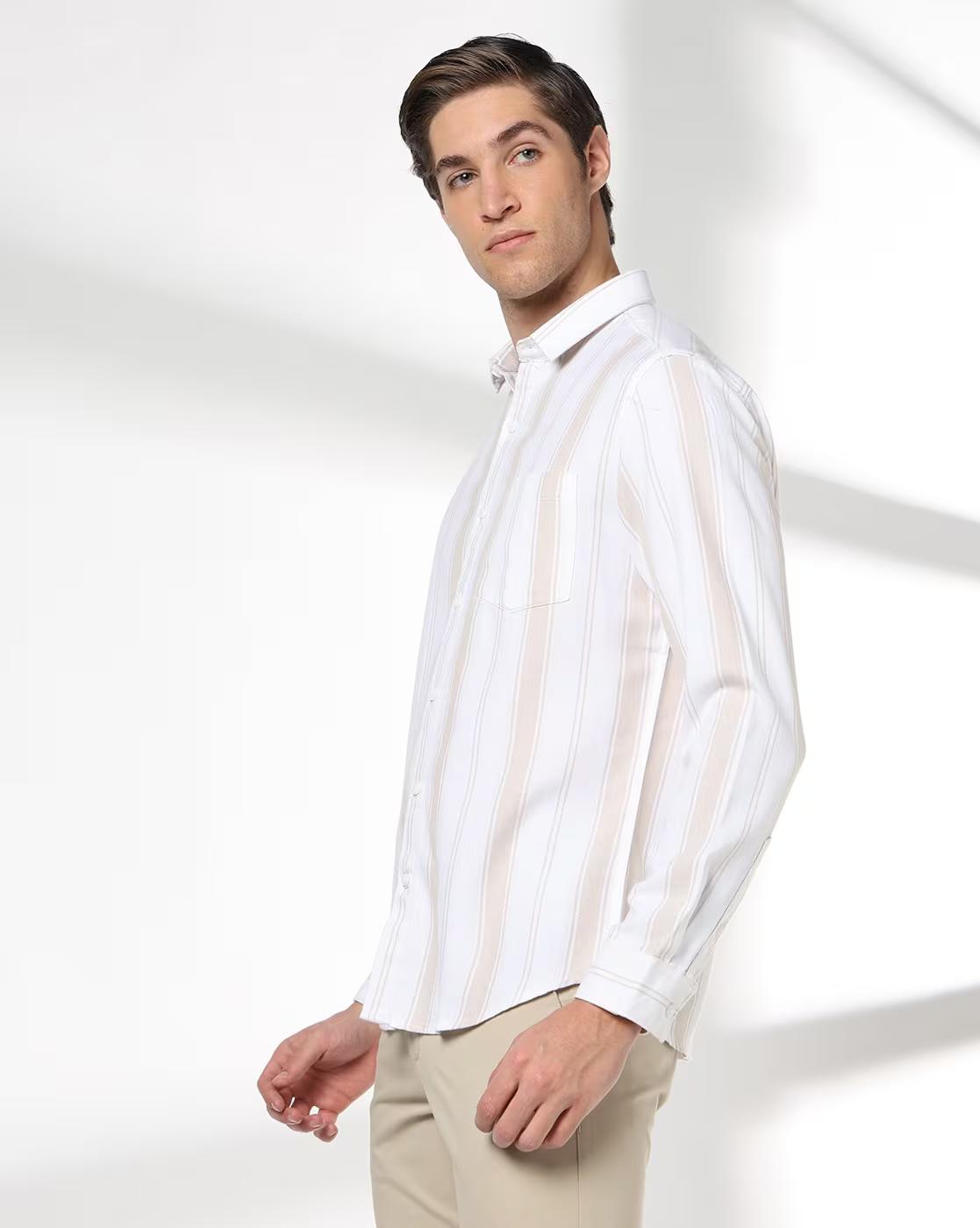 John Players | Men Striped Slim Fit Cotton Shirt|2
