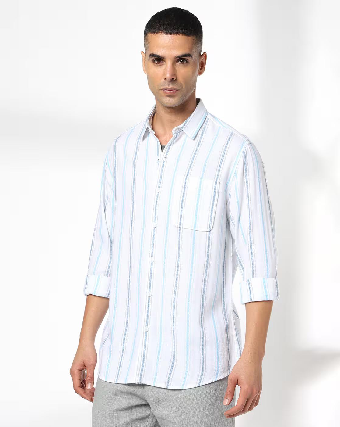 John Players | Men Striped Slim Fit Shirt with Patch Pocket|1