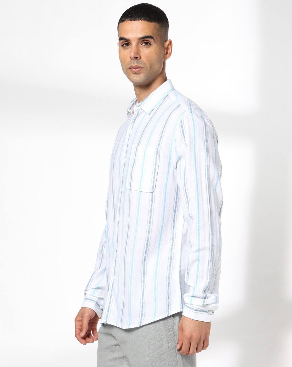 John Players | Men Striped Slim Fit Shirt with Patch Pocket|2