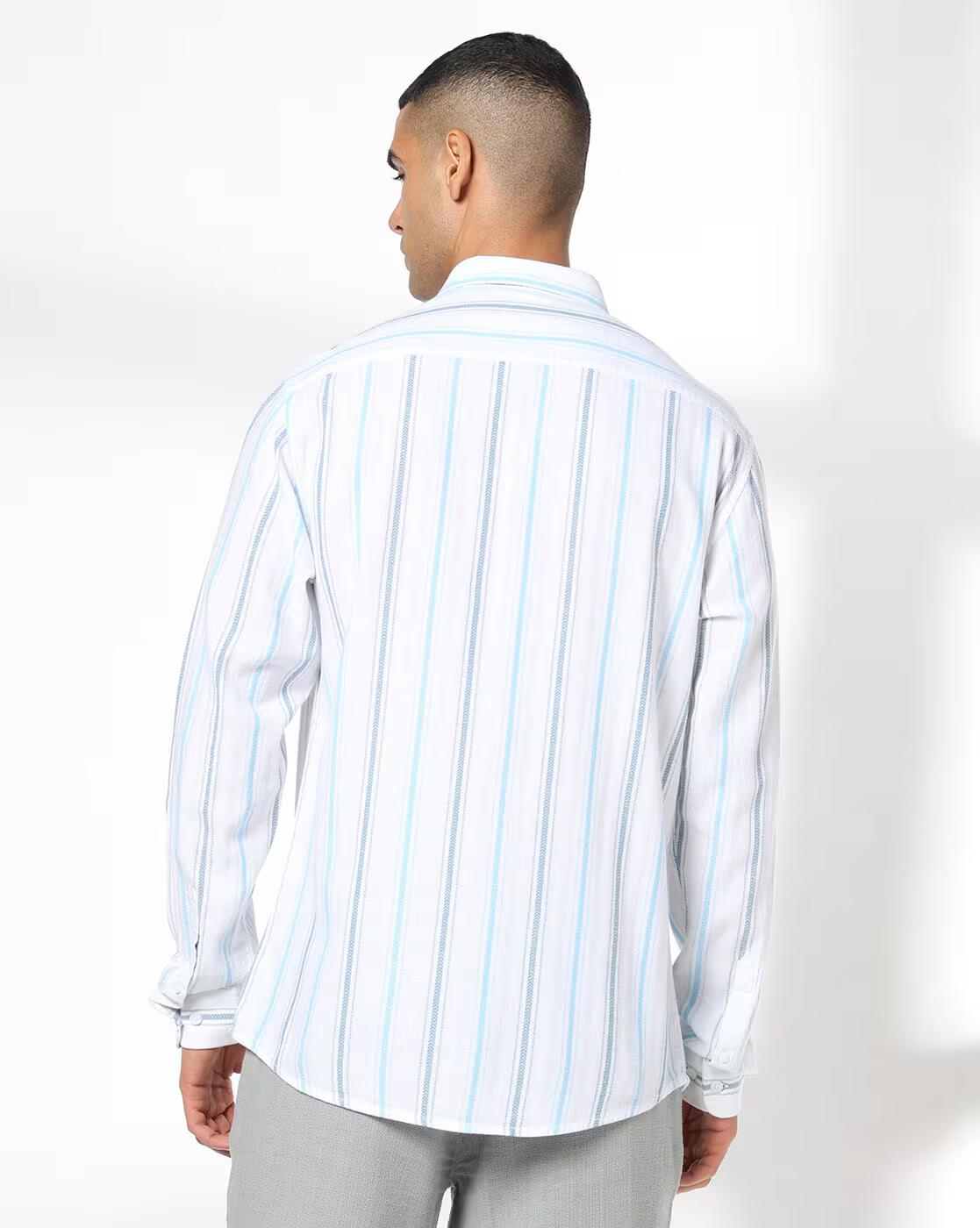 John Players | Men Striped Slim Fit Shirt with Patch Pocket|3