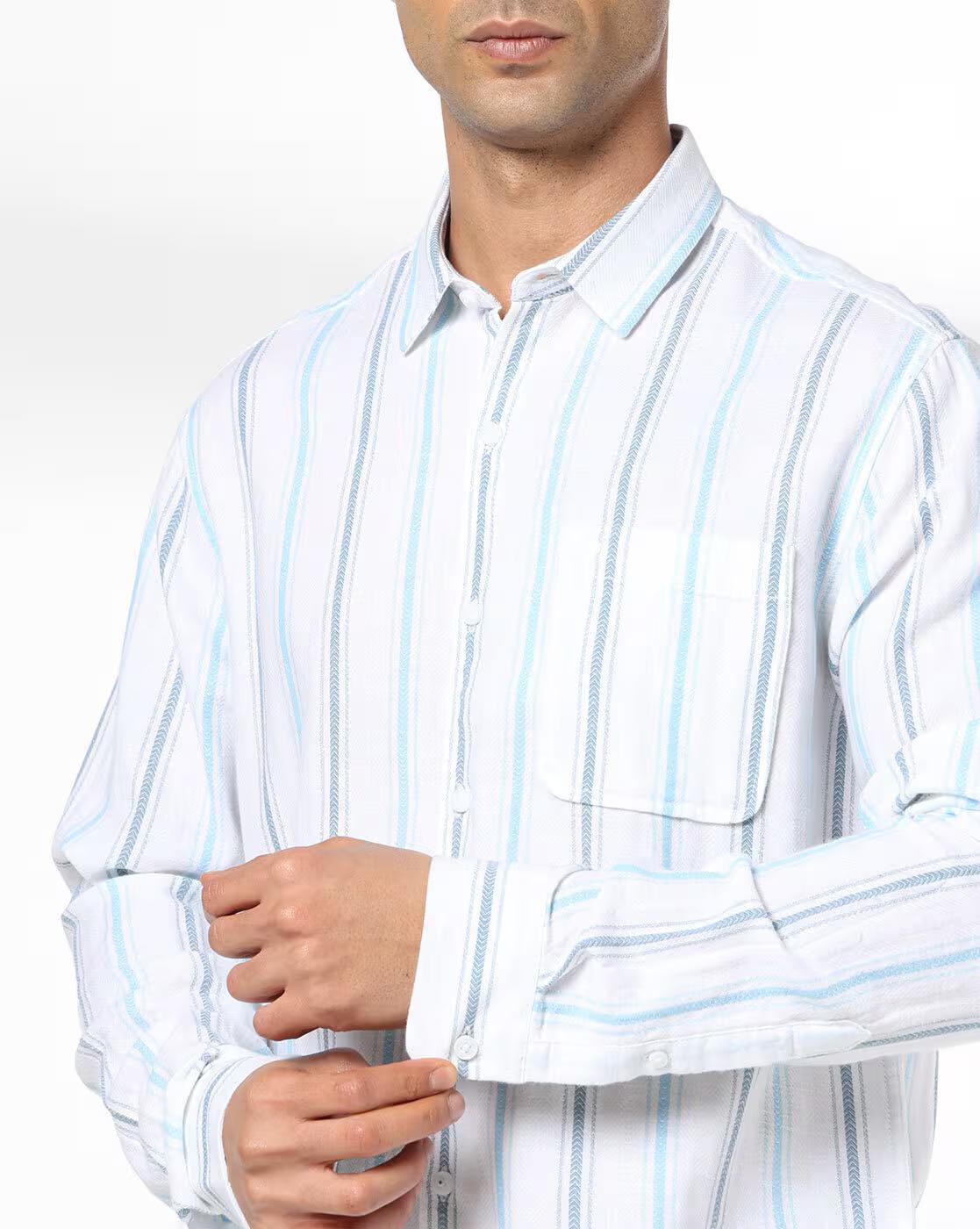 John Players | Men Striped Slim Fit Shirt with Patch Pocket|5