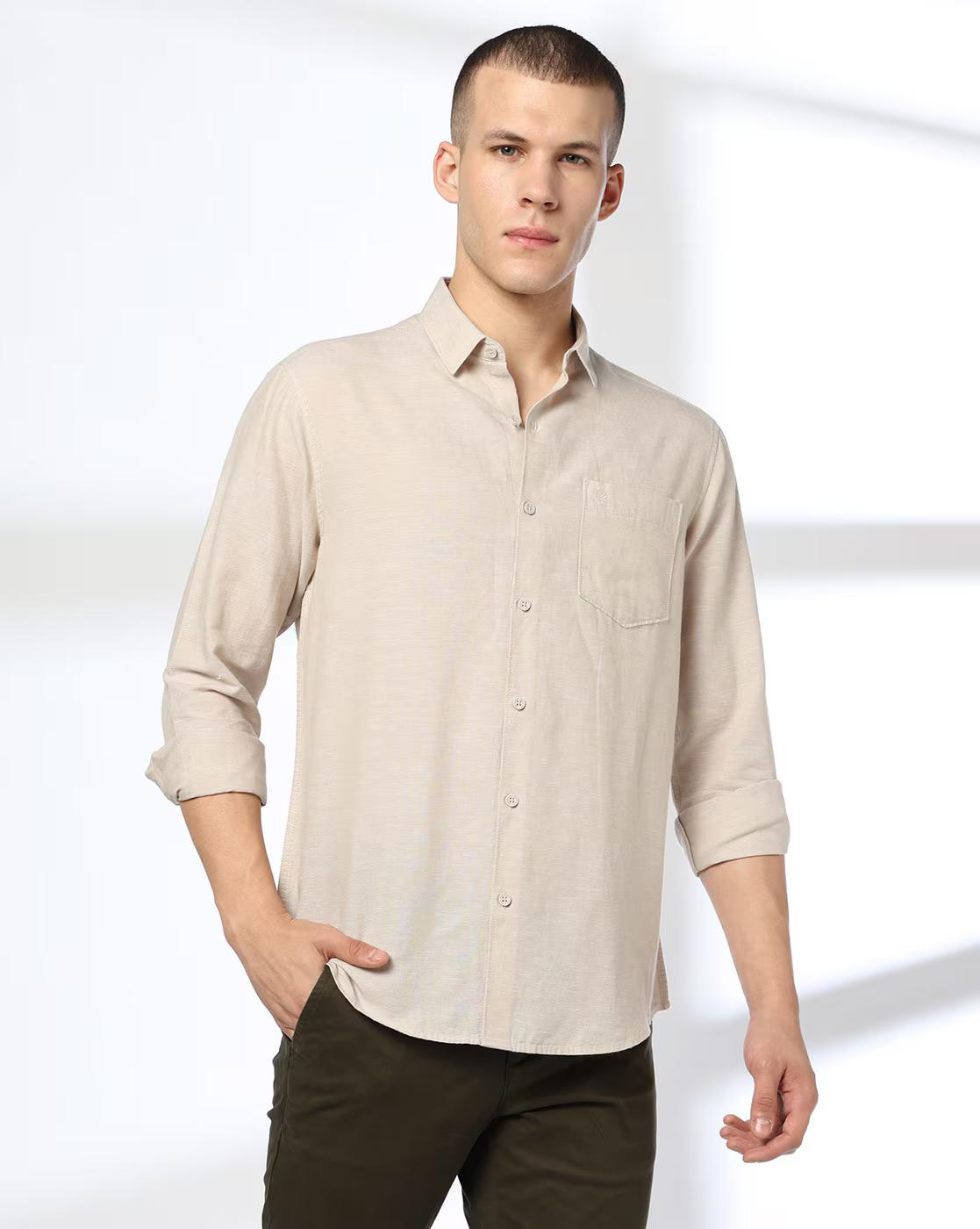 John Players | Men Slim Fit Cotton Linen Shirt with Patch Pocket|0