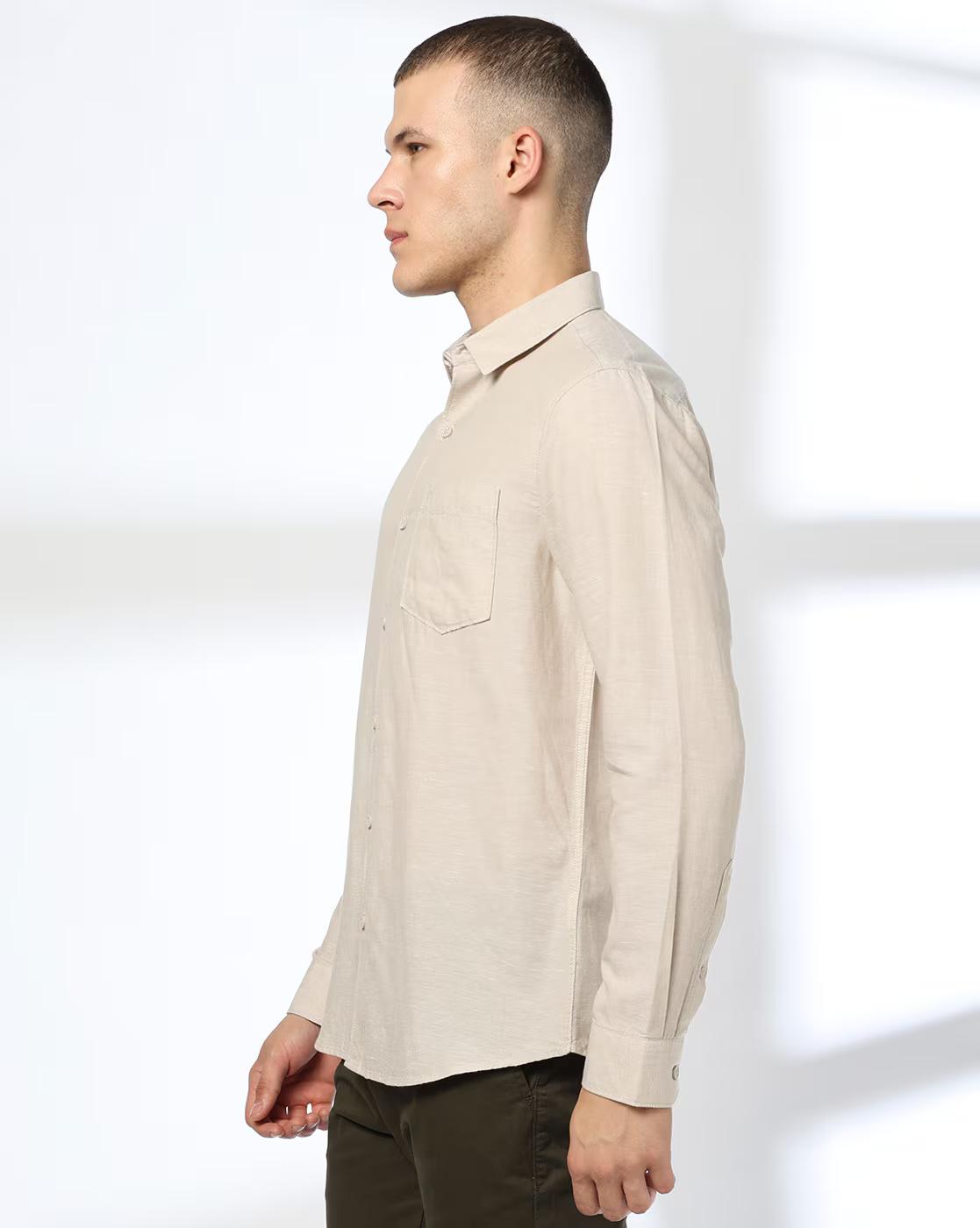 John Players | Men Slim Fit Cotton Linen Shirt with Patch Pocket|1