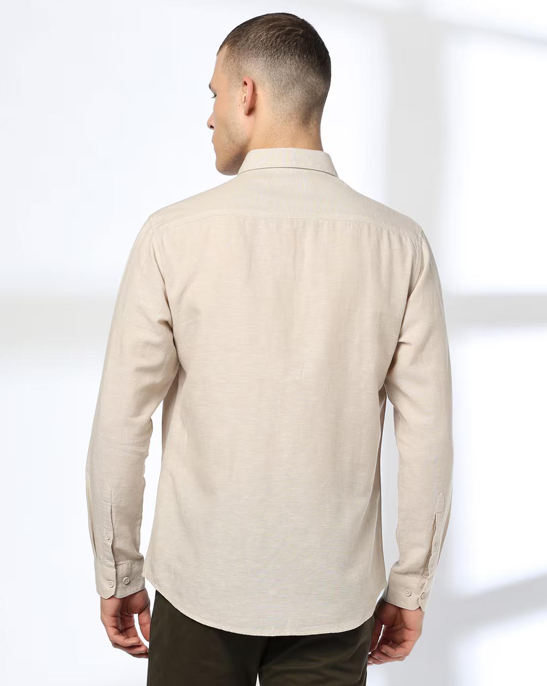 John Players | Men Slim Fit Cotton Linen Shirt with Patch Pocket|2