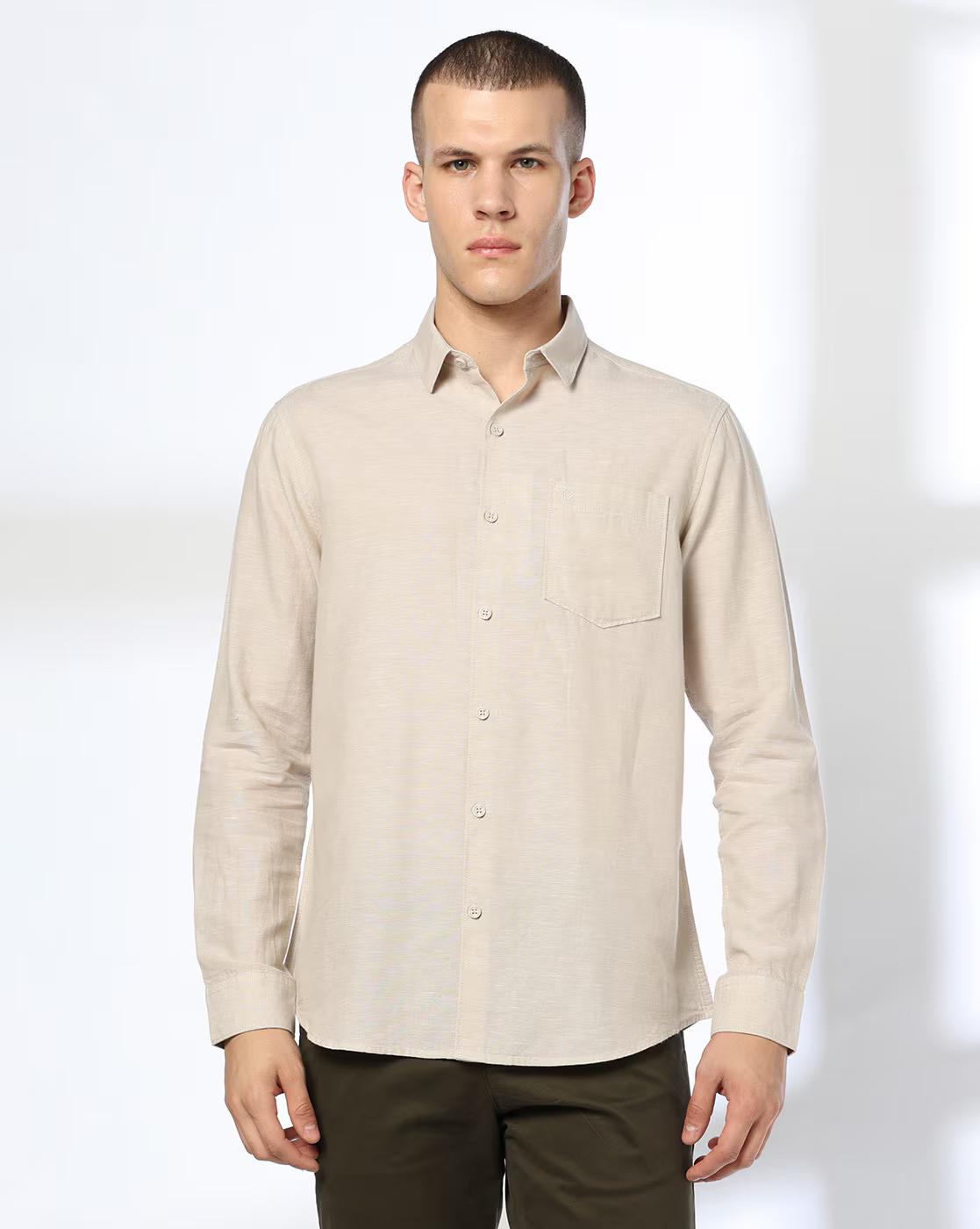John Players | Men Slim Fit Cotton Linen Shirt with Patch Pocket|3