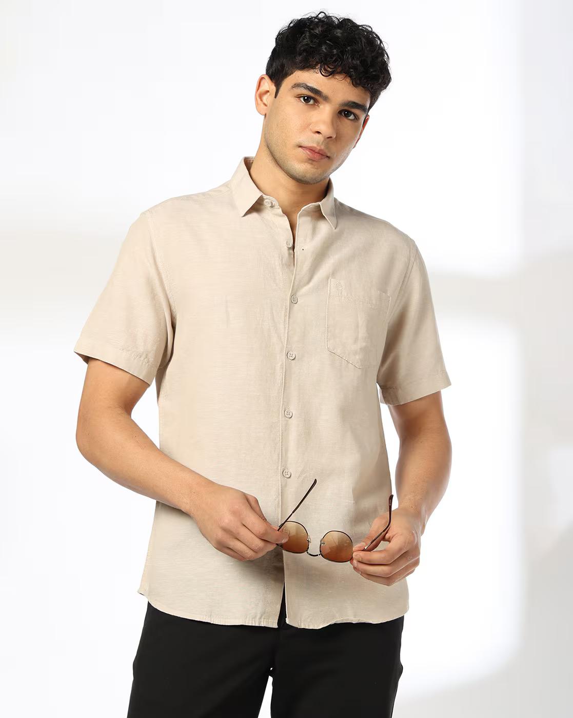 John Players | Men Slim Fit Cotton Linen Shirt with Patch Pocket|0