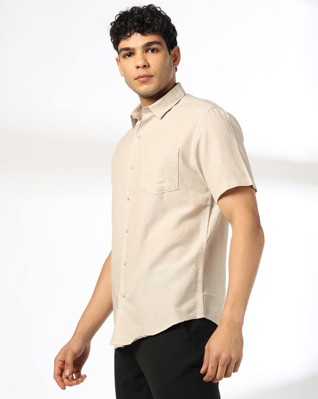 John Players | Men Slim Fit Cotton Linen Shirt with Patch Pocket|1