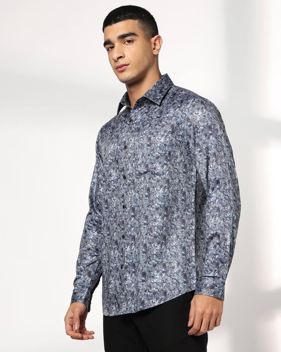 John Players | Men Floral Print Slim Fit Shirt with Patch Pocket|1