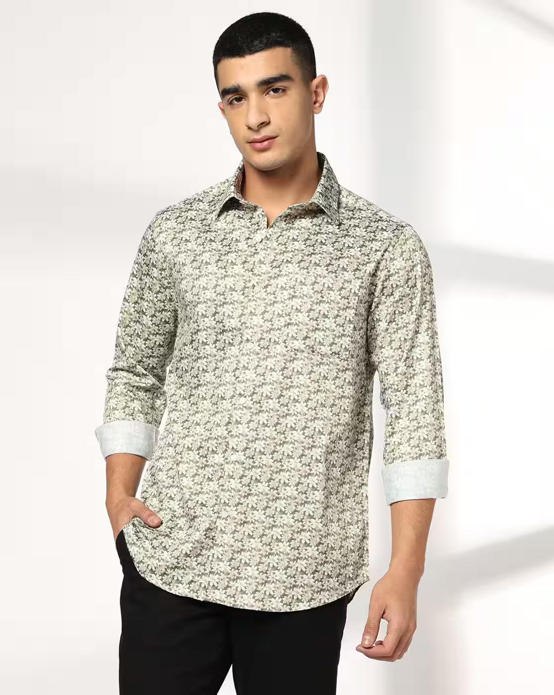 John Players | Men Floral Print Slim Fit Shirt with Patch Pocket|0