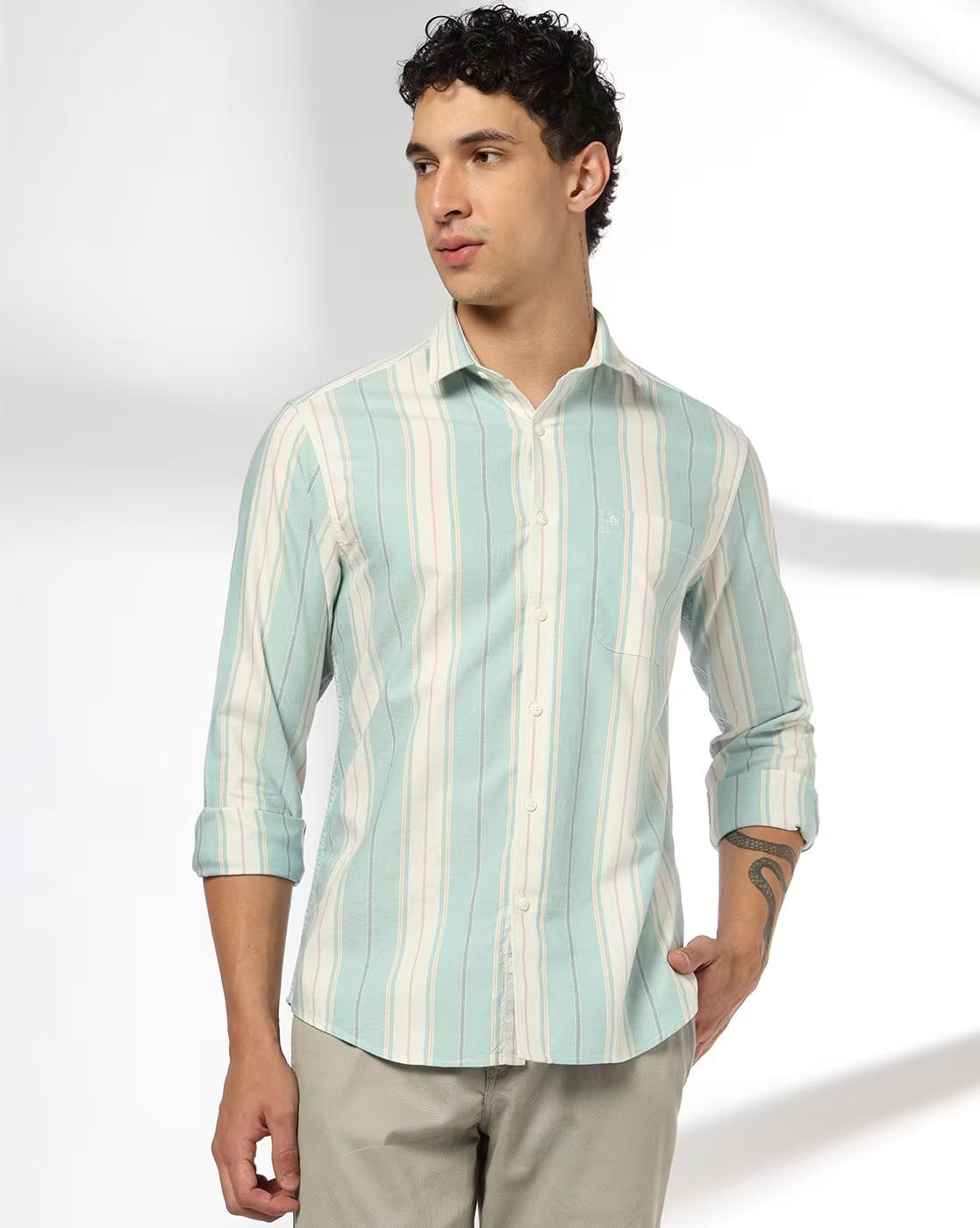 John Players | Men Striped Slim Fit Cotton Shirt with Patch Pocket|0