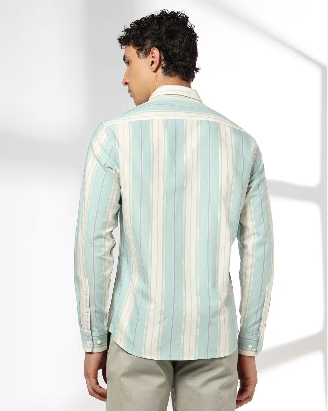 John Players | Men Striped Slim Fit Cotton Shirt with Patch Pocket|2