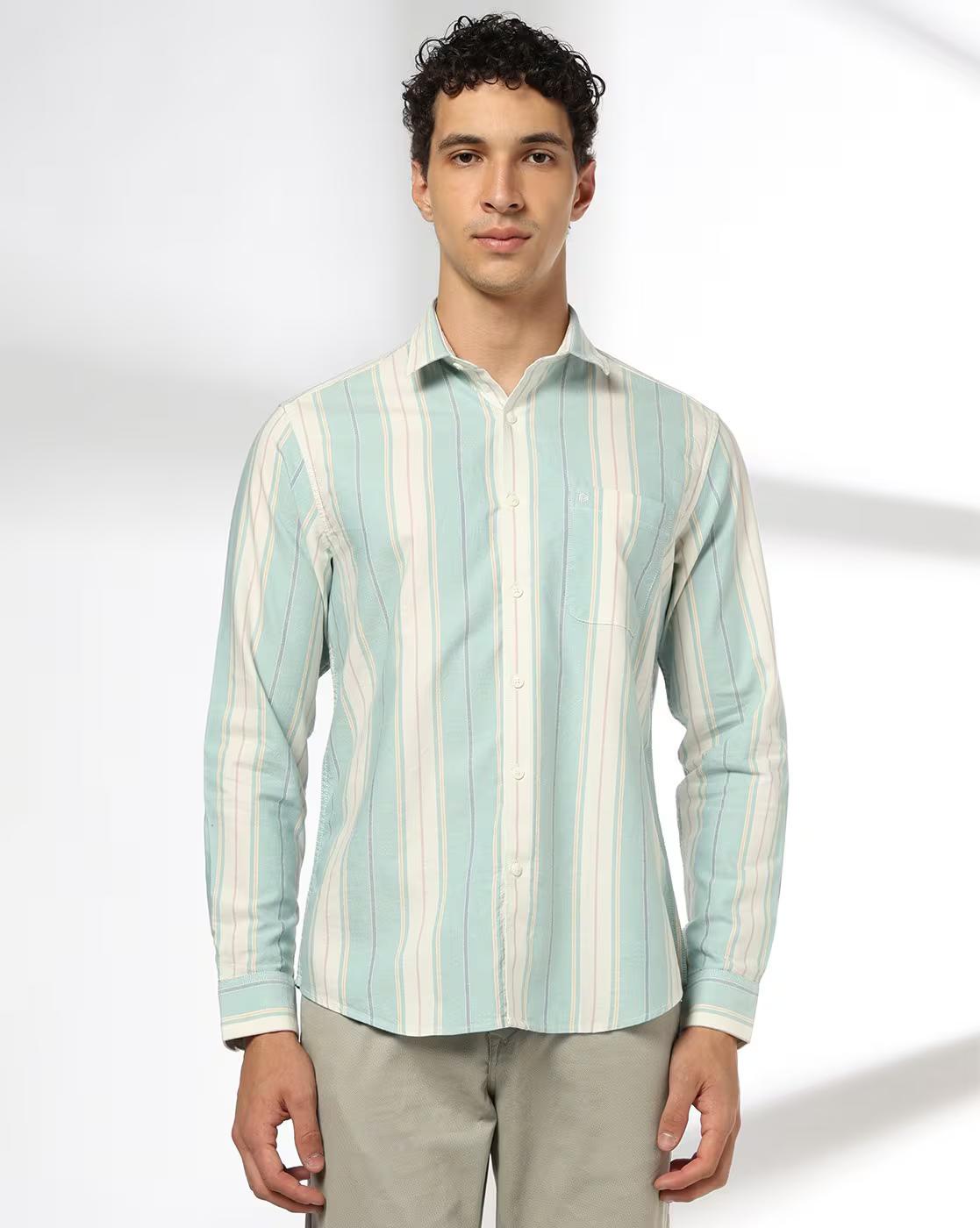 John Players | Men Striped Slim Fit Cotton Shirt with Patch Pocket|3