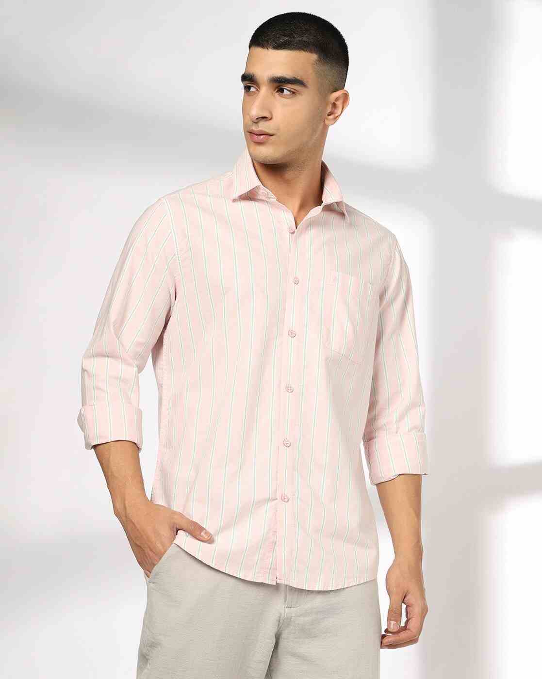 John Players | Men Striped Slim Fit Cotton Shirt with Patch Pocket|0