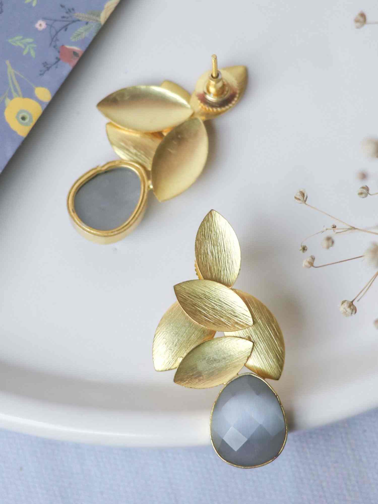 Gold Plated Grey Leaf Studs