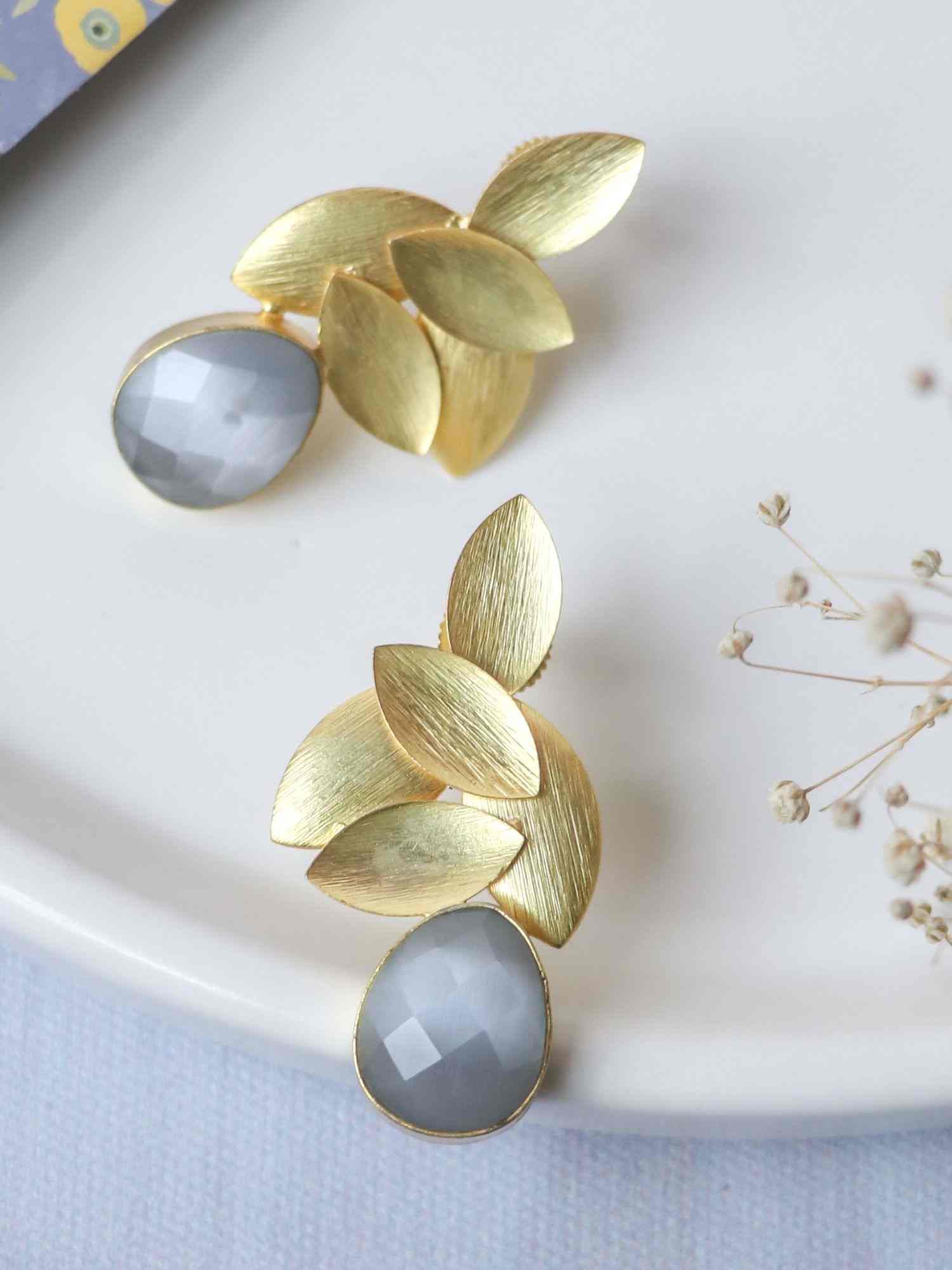 Gold Plated Grey Leaf Studs