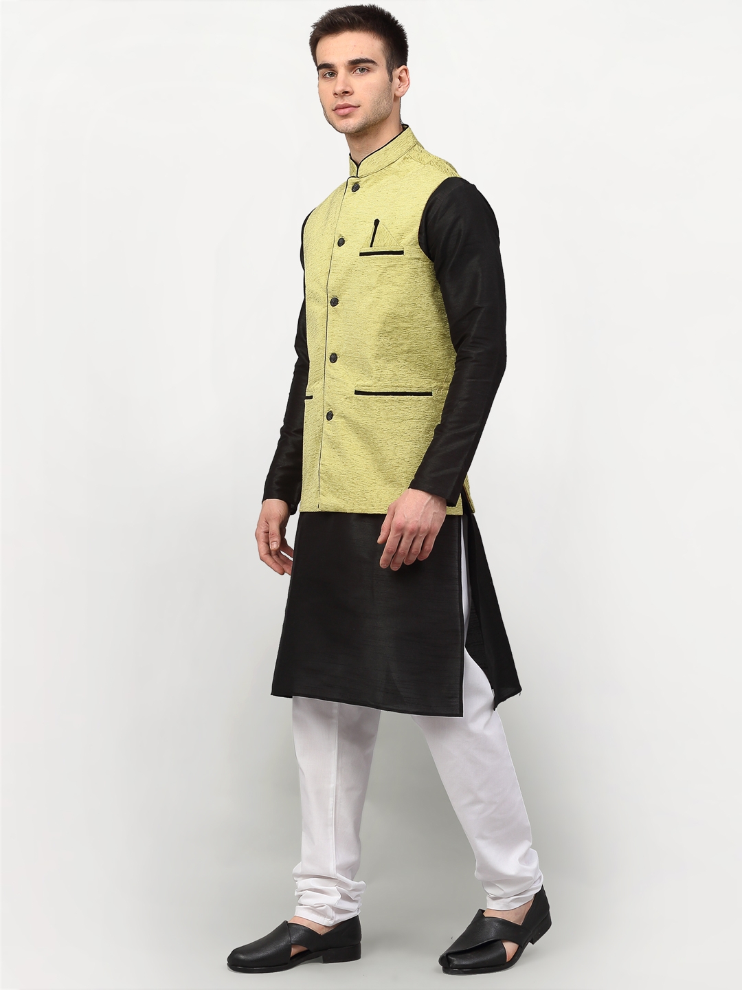 Jompers | Jompers® Men's Black Solid Kurta with Churidar & Nehru Jacket  1