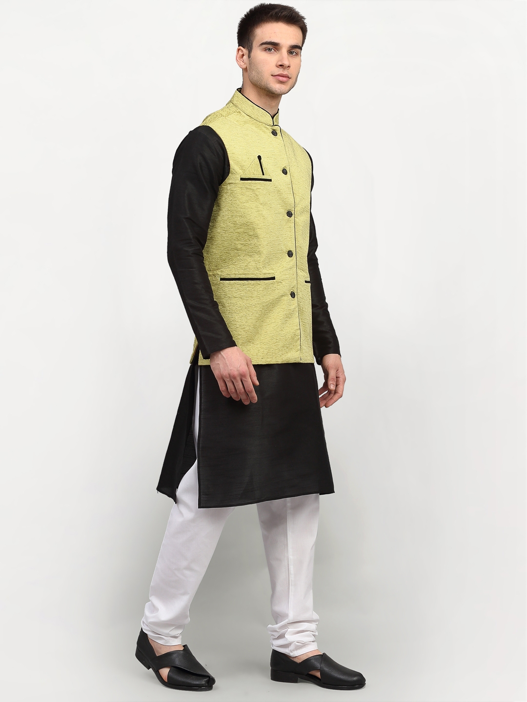 Jompers | Jompers® Men's Black Solid Kurta with Churidar & Nehru Jacket  3