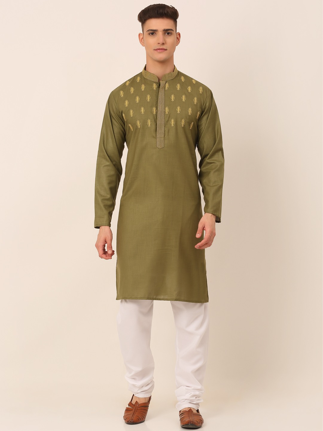 Men's Olive Green Embroidered Kurta Pajama Sets 