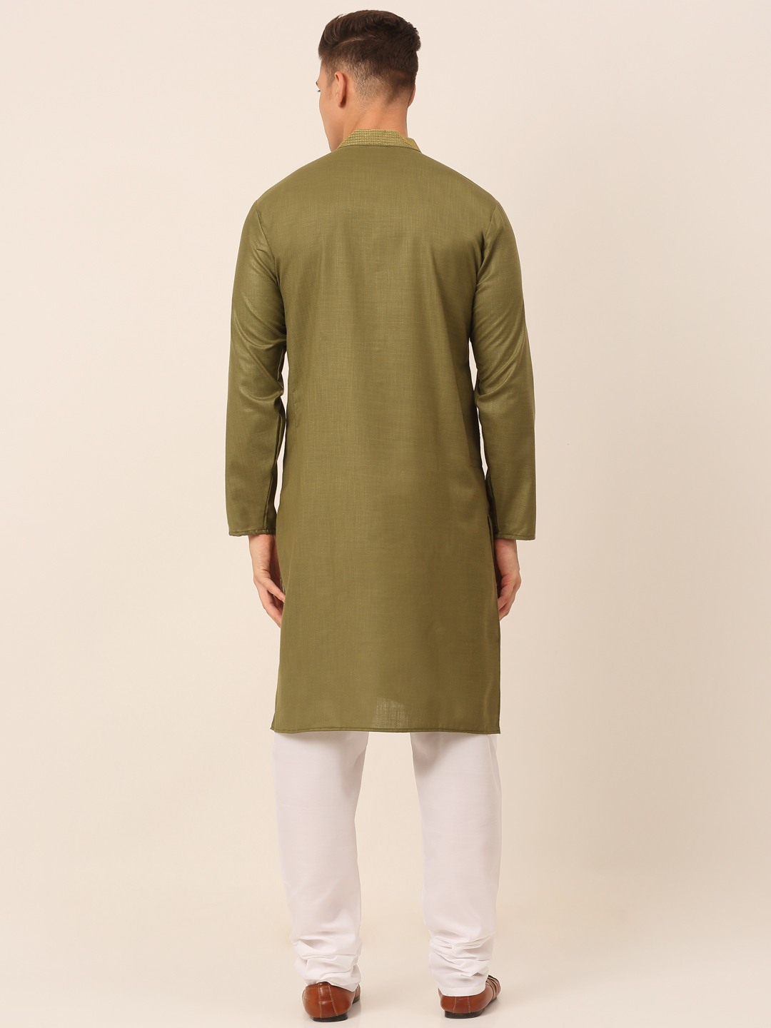 Men's Olive Green Embroidered Kurta Pajama Sets 