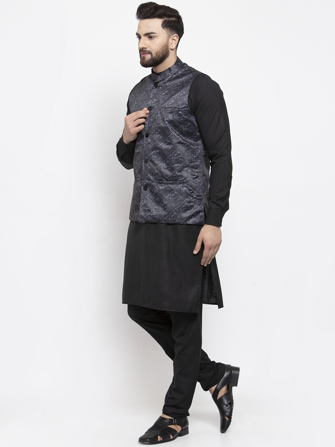Jompers | Jompers® Men's Solid Cotton Kurta Pajama with Printed Waistcoat 1