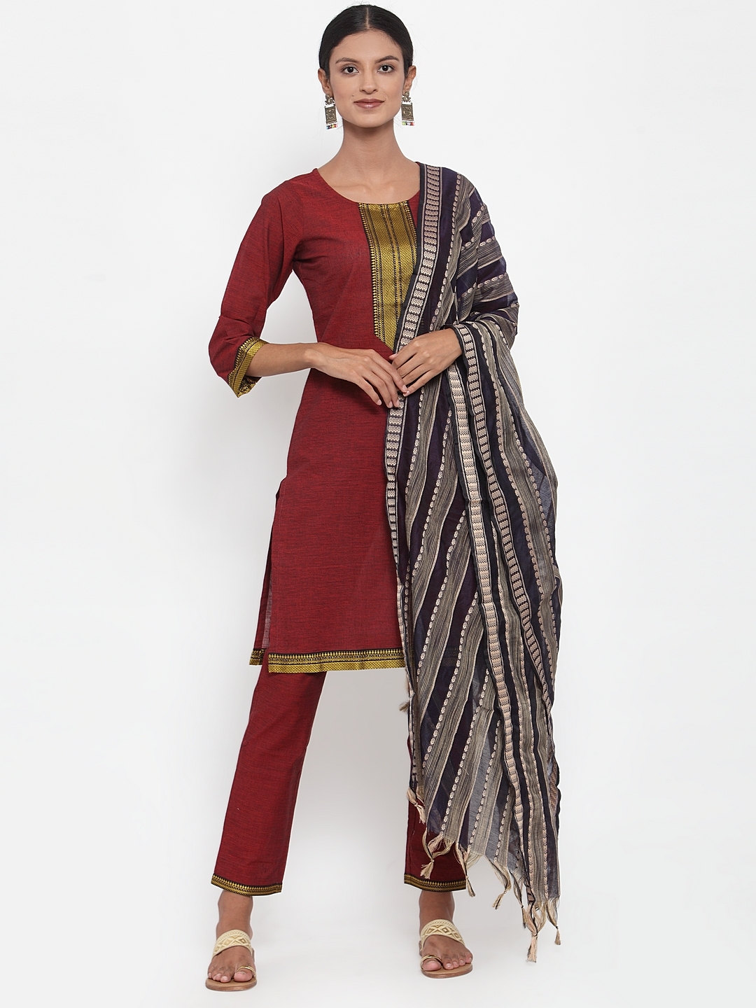 Jompers | Jompers® Women Maroon Pure Cotton Kurta with pants and woven design dupatta set 0