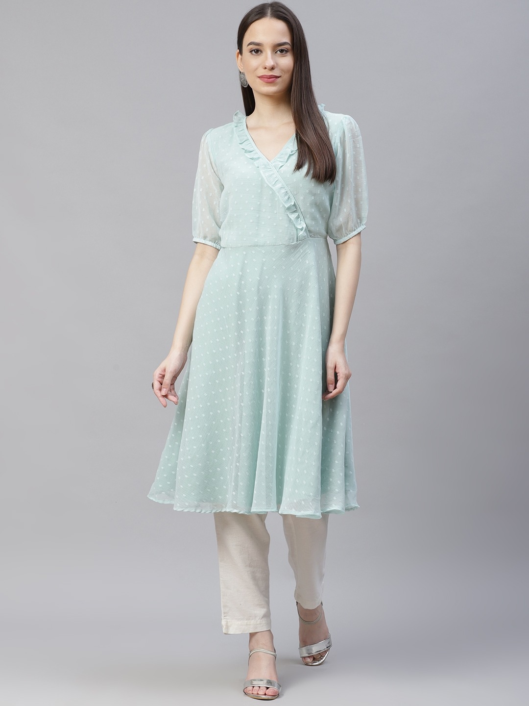Jompers | Blue flared Woven design Kurta With frills 0