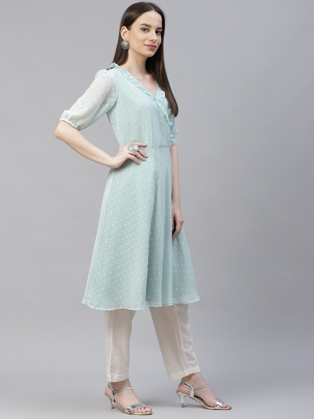 Jompers | Blue flared Woven design Kurta With frills 1