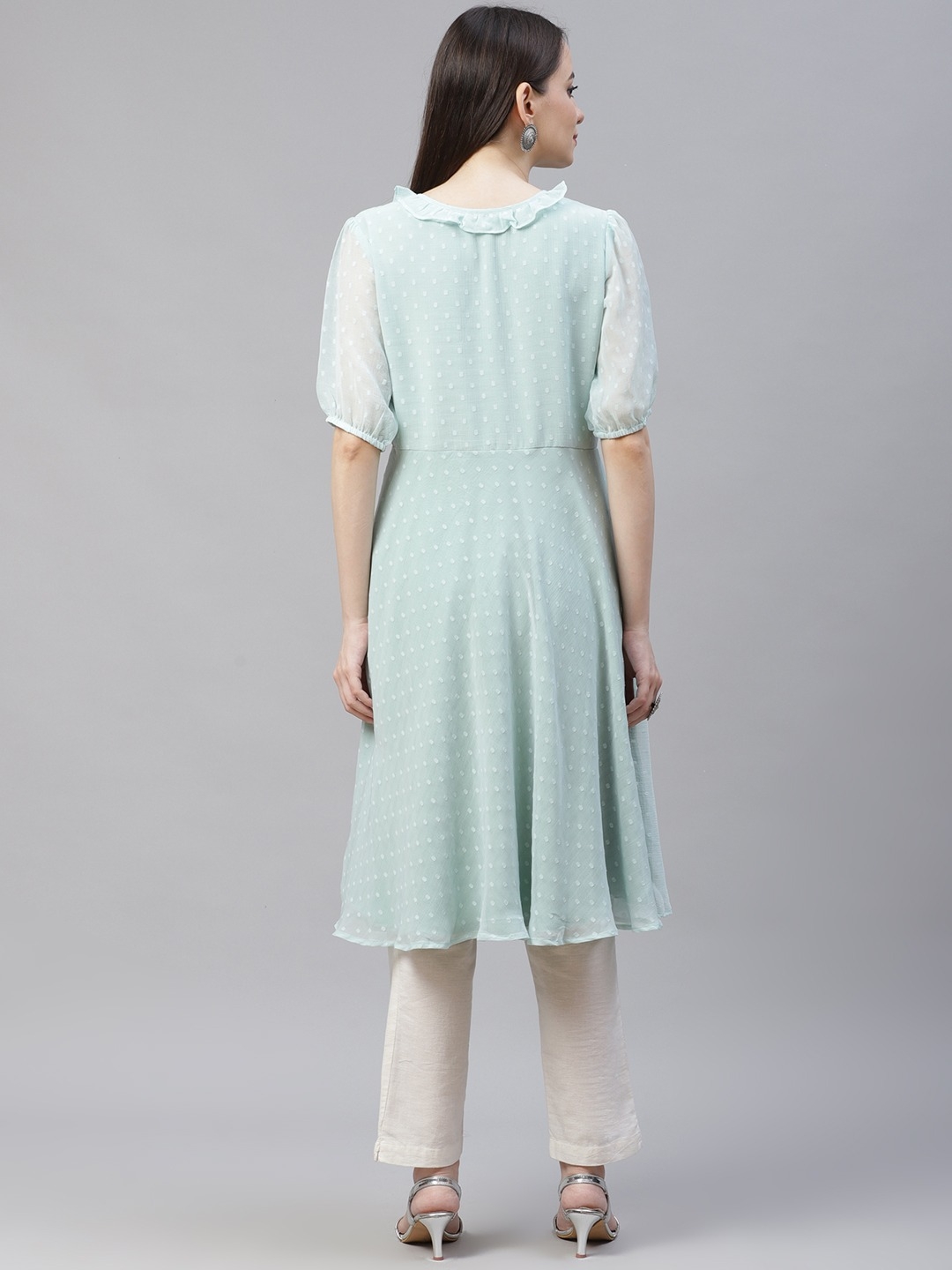 Jompers | Blue flared Woven design Kurta With frills 2