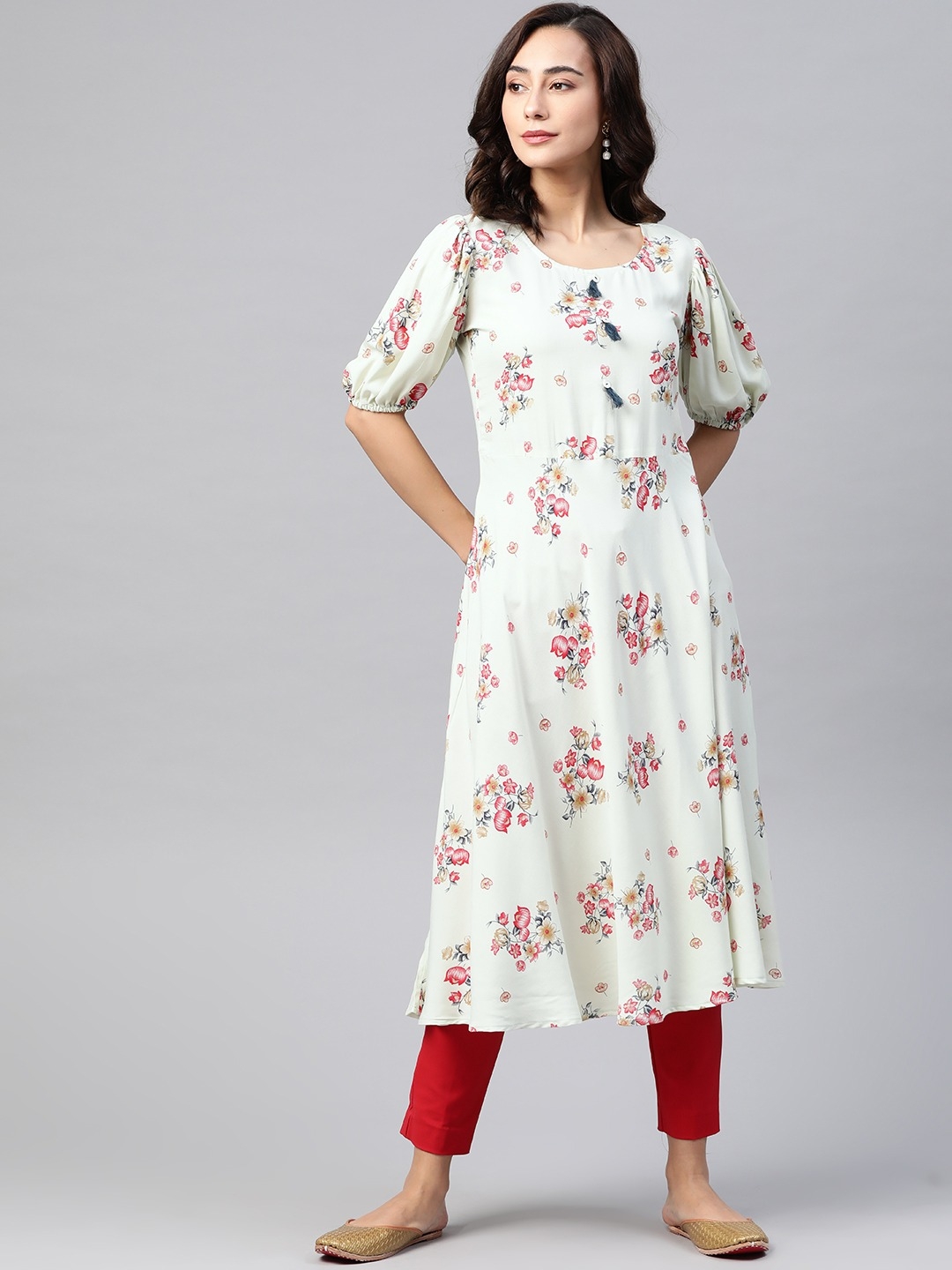 Jompers | Jompers flared floral Print kurta with puff sleeves 0