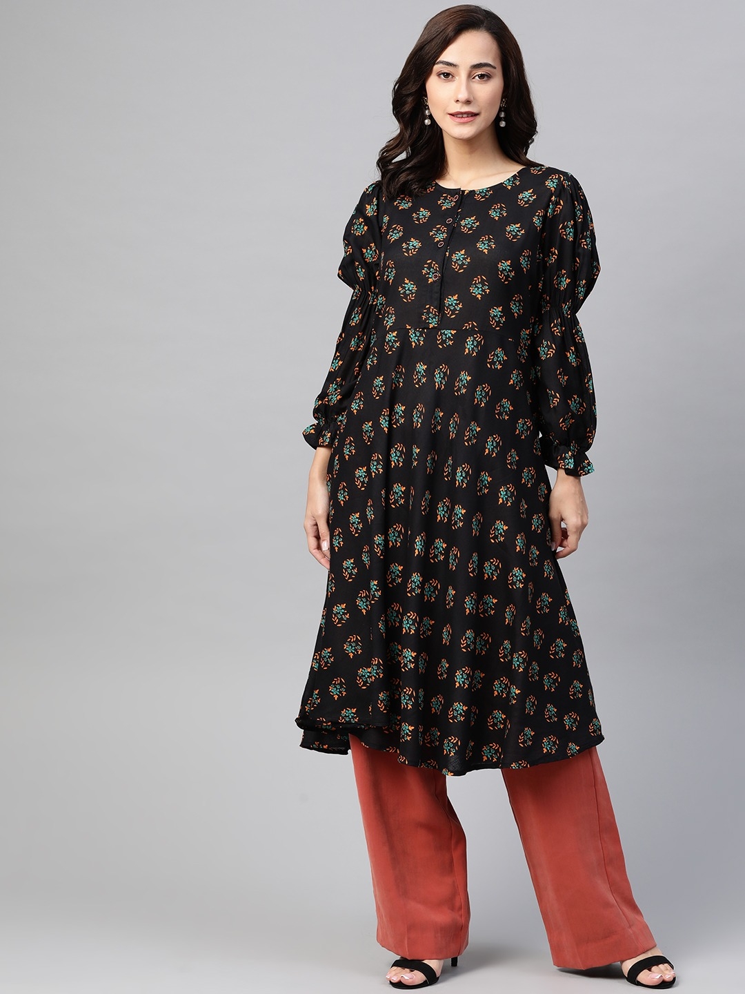 Jompers | Jompers flared Rayon floral Print kurta with puff sleeves 0