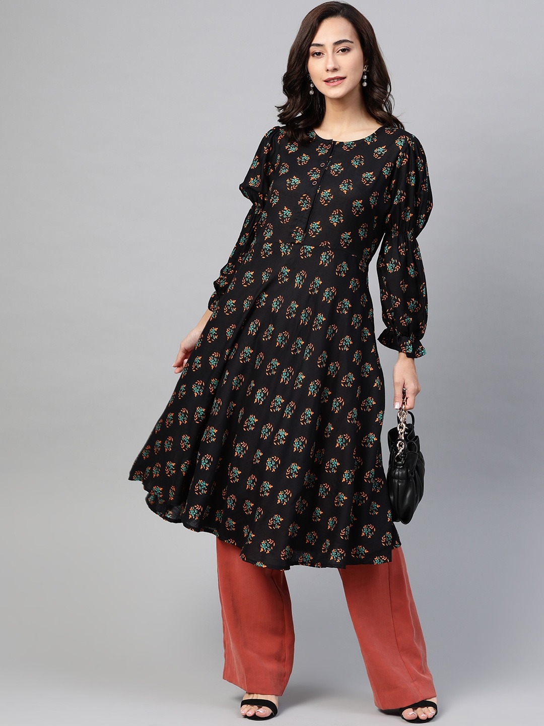 Jompers | Jompers flared Rayon floral Print kurta with puff sleeves 3