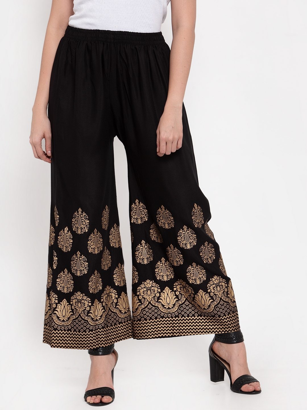 Jompers | Jompers Women Black & Gold-Toned Printed Wide Leg Palazzos 0
