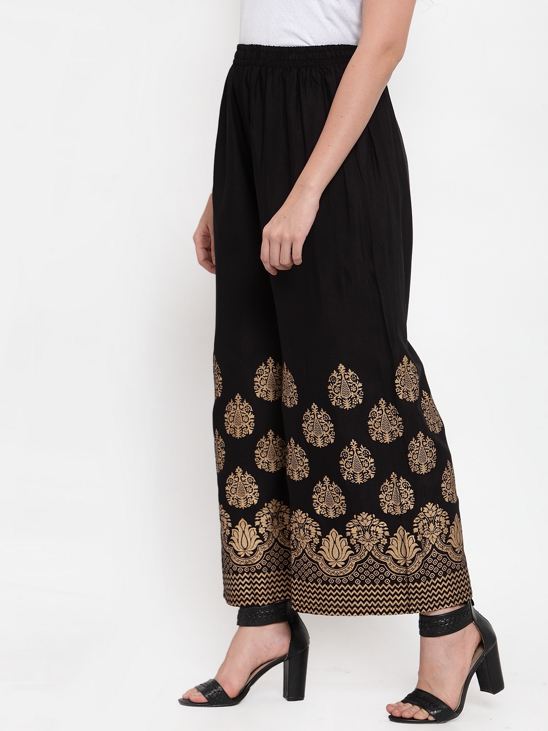Jompers | Jompers Women Black & Gold-Toned Printed Wide Leg Palazzos 1