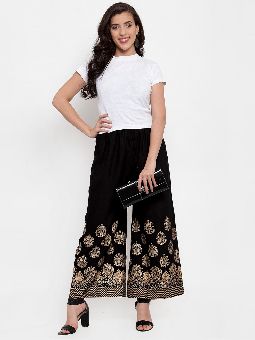 Jompers | Jompers Women Black & Gold-Toned Printed Wide Leg Palazzos 3