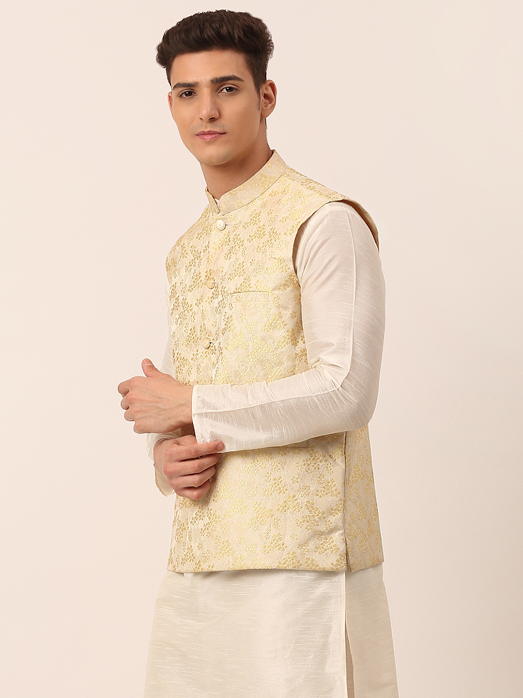 Handloom Golden Pure Katan Silk Brocade Banarasi Nehru Jacket – WeaverStory