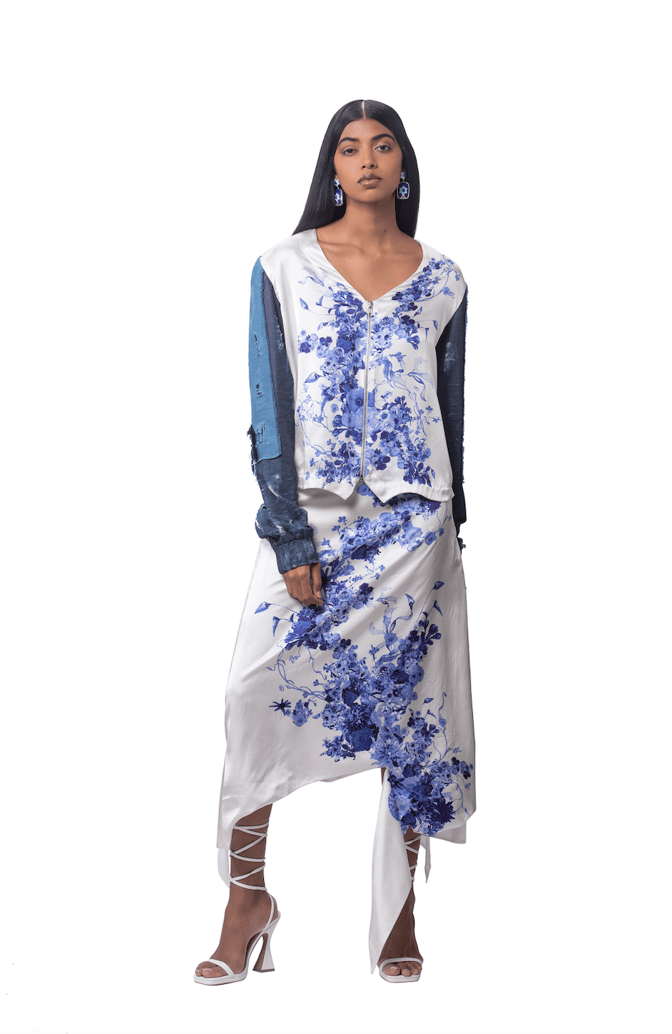 PRINTED BOMBER WITH ASSYMETRIC SKIRT