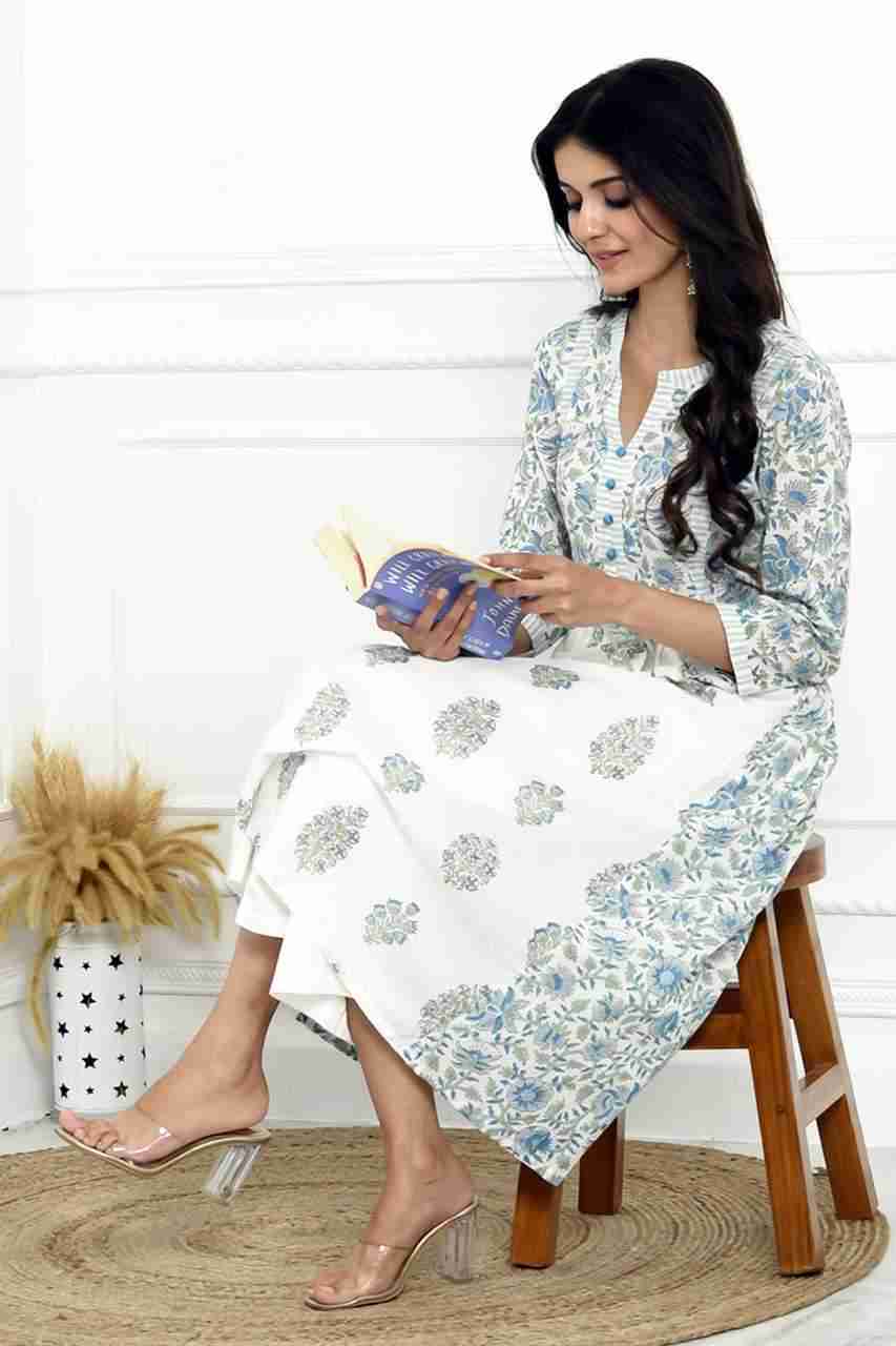 Naksh White And Blue Cotton Printed Gathered Kurta