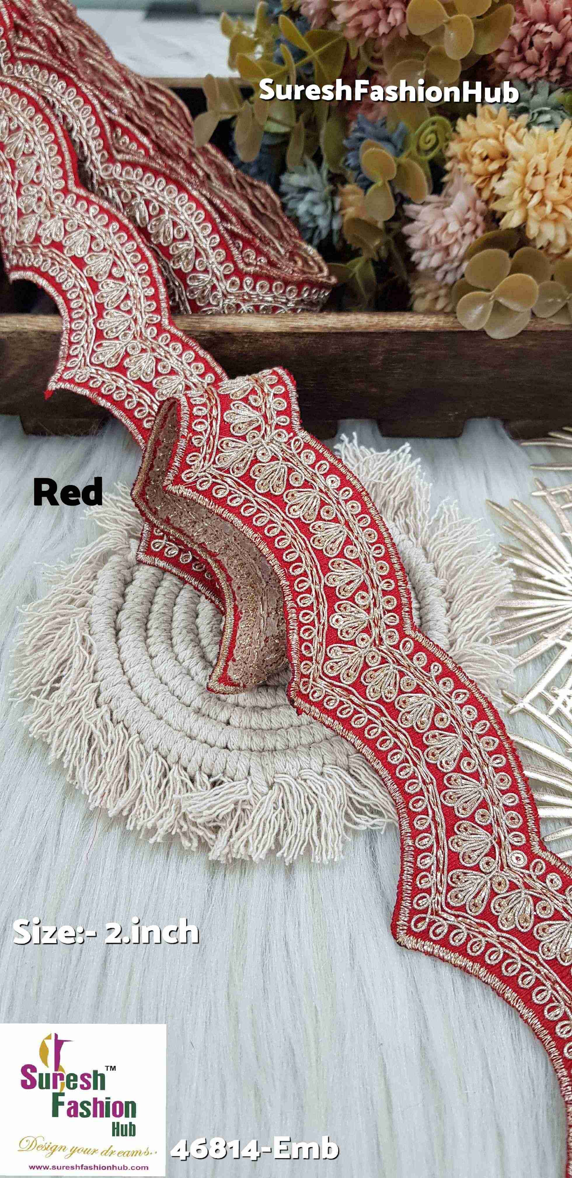 Double Scalloped Raw Silk Embroidered Red Colour Lace Roll