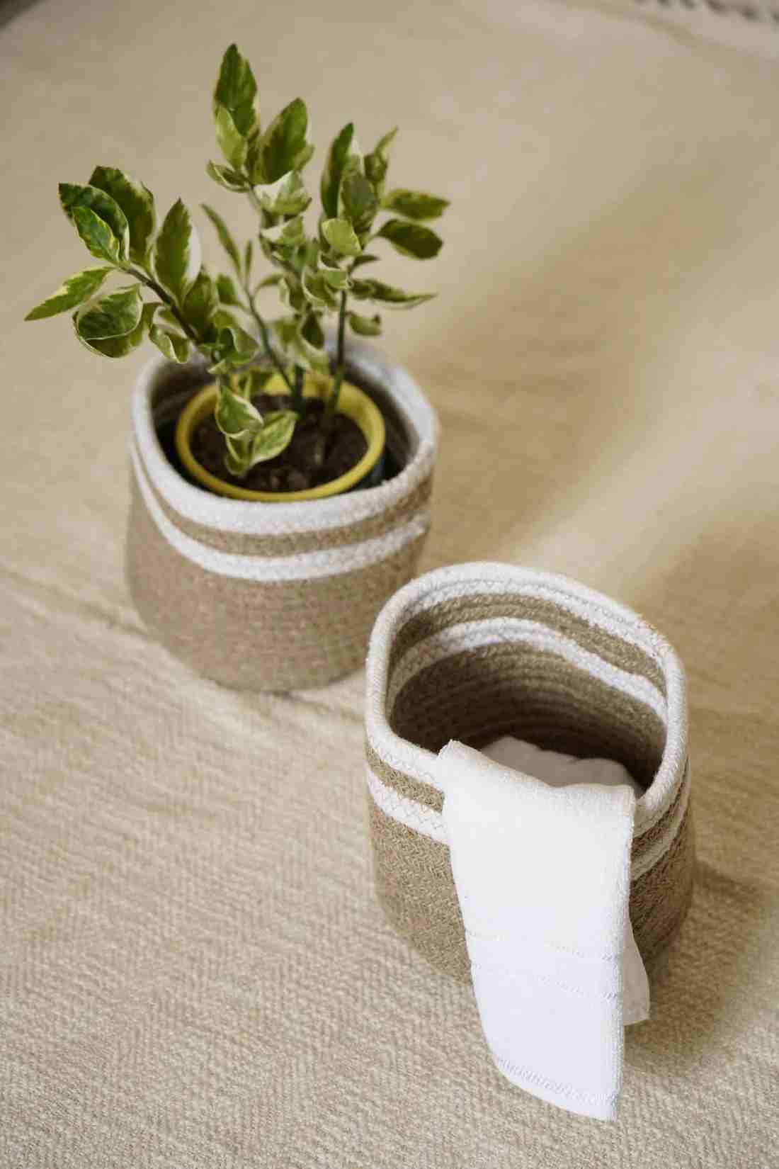 Multi-Purpose Cotton & Jute Storage Basket – Natural Beige & White Striped Design Laundry Bag, Planter Organizer & Home Storage Bin(1 pc)