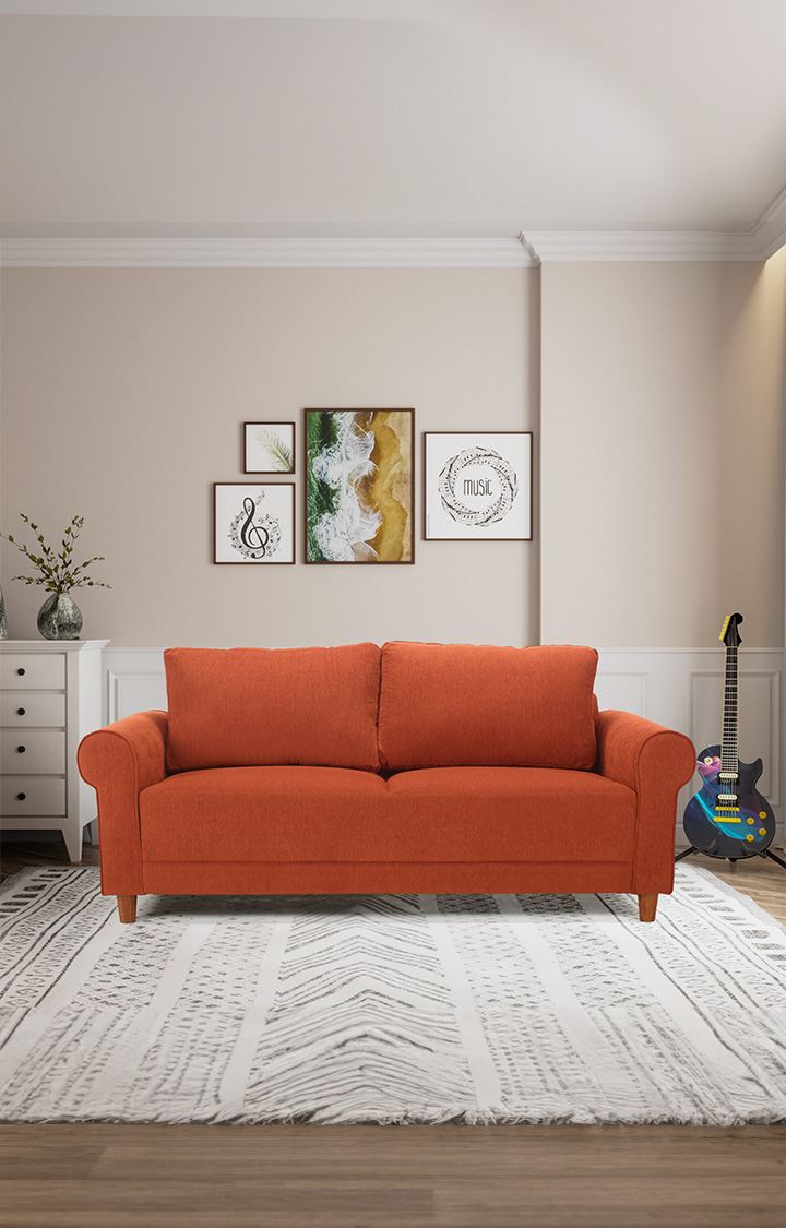 neudot Melody Sofa for Living Room |3 Persons Sofa|Premium Fabric with Padded Cushioned Armrest | Solid Wood Frame|3 Seater in Rusty Cider Orange Color
