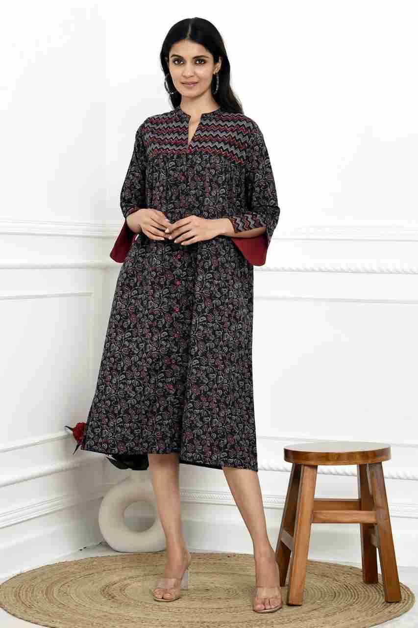 Naksh Black And Red Ajrakh Print Kurta With Zigzag Yoke