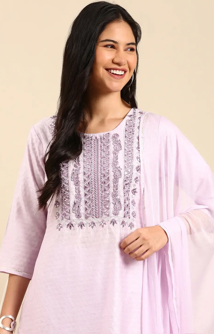 Showoff | SHOWOFF Women Lavender Solid  Scoop Neck Three-Quarter Sleeves Mid Length Straight Kurta Set 0