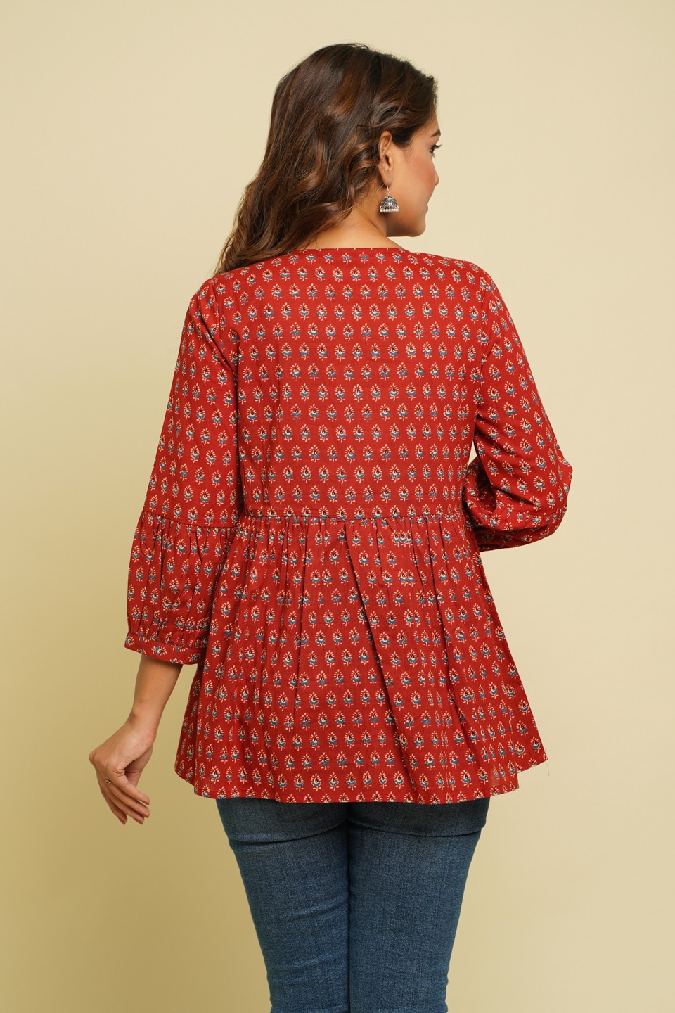 Red Print Tie-Up Neck Pure Cotton Top