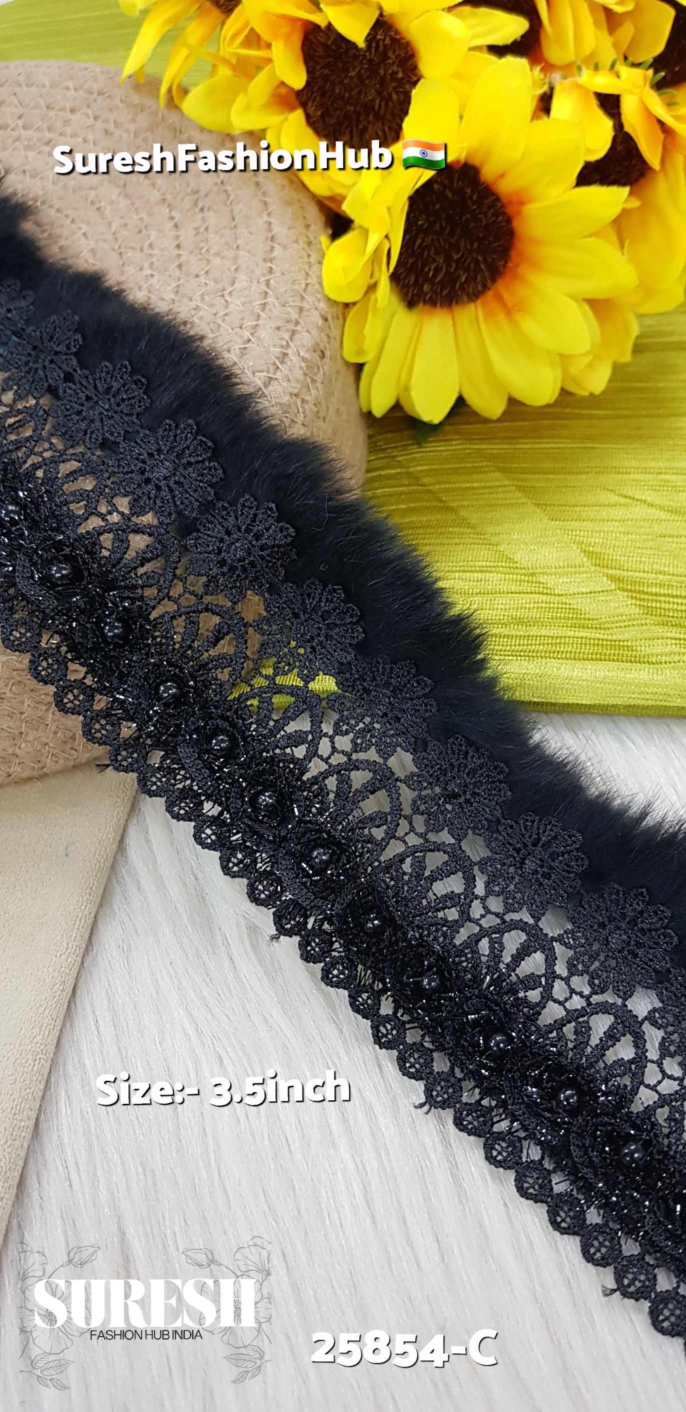 3D Black  Imported Fur & Pearl Layered Lace
