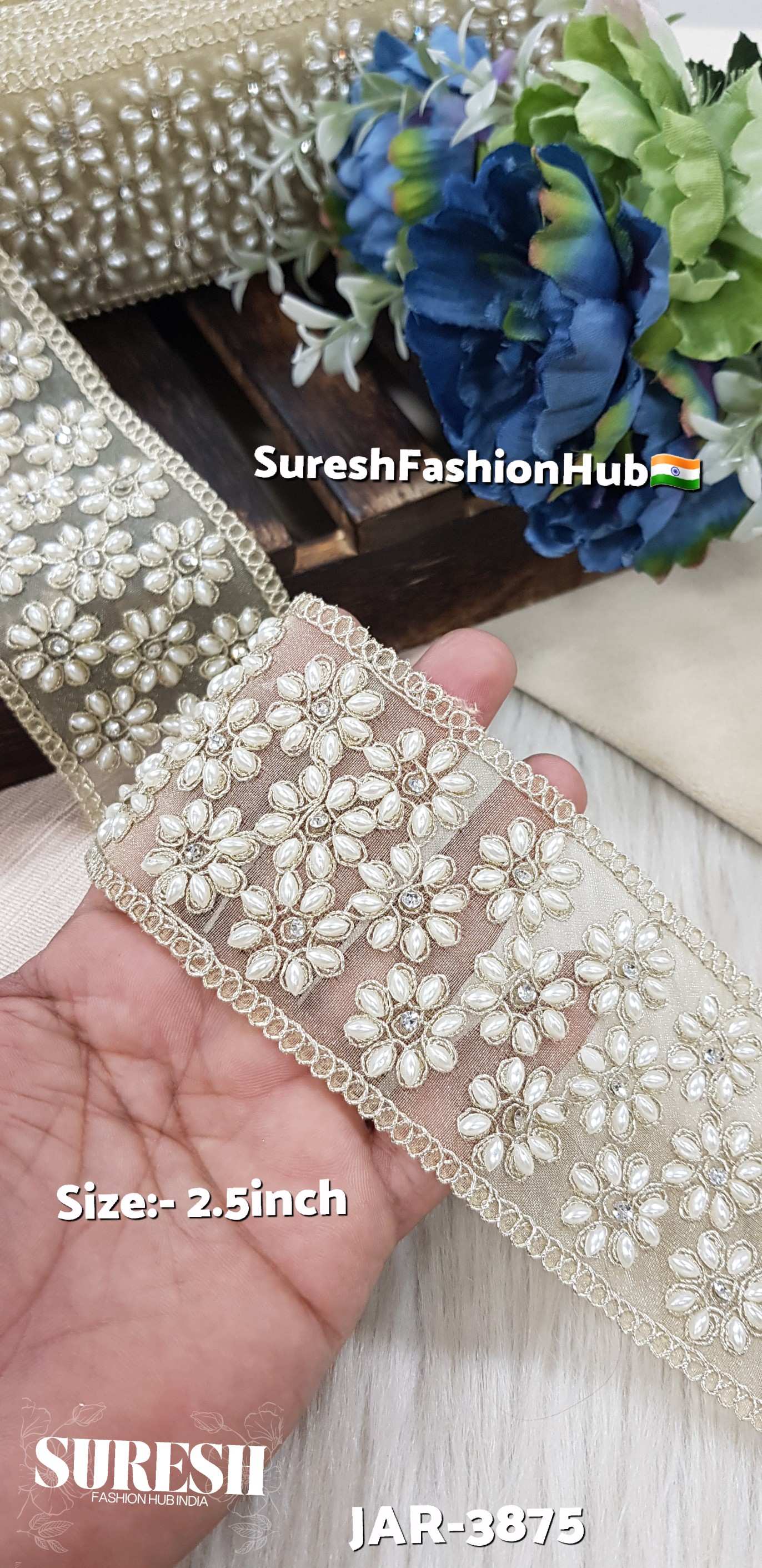 Light Gold Floral Dori Pearl Diamond Cutwork Lace