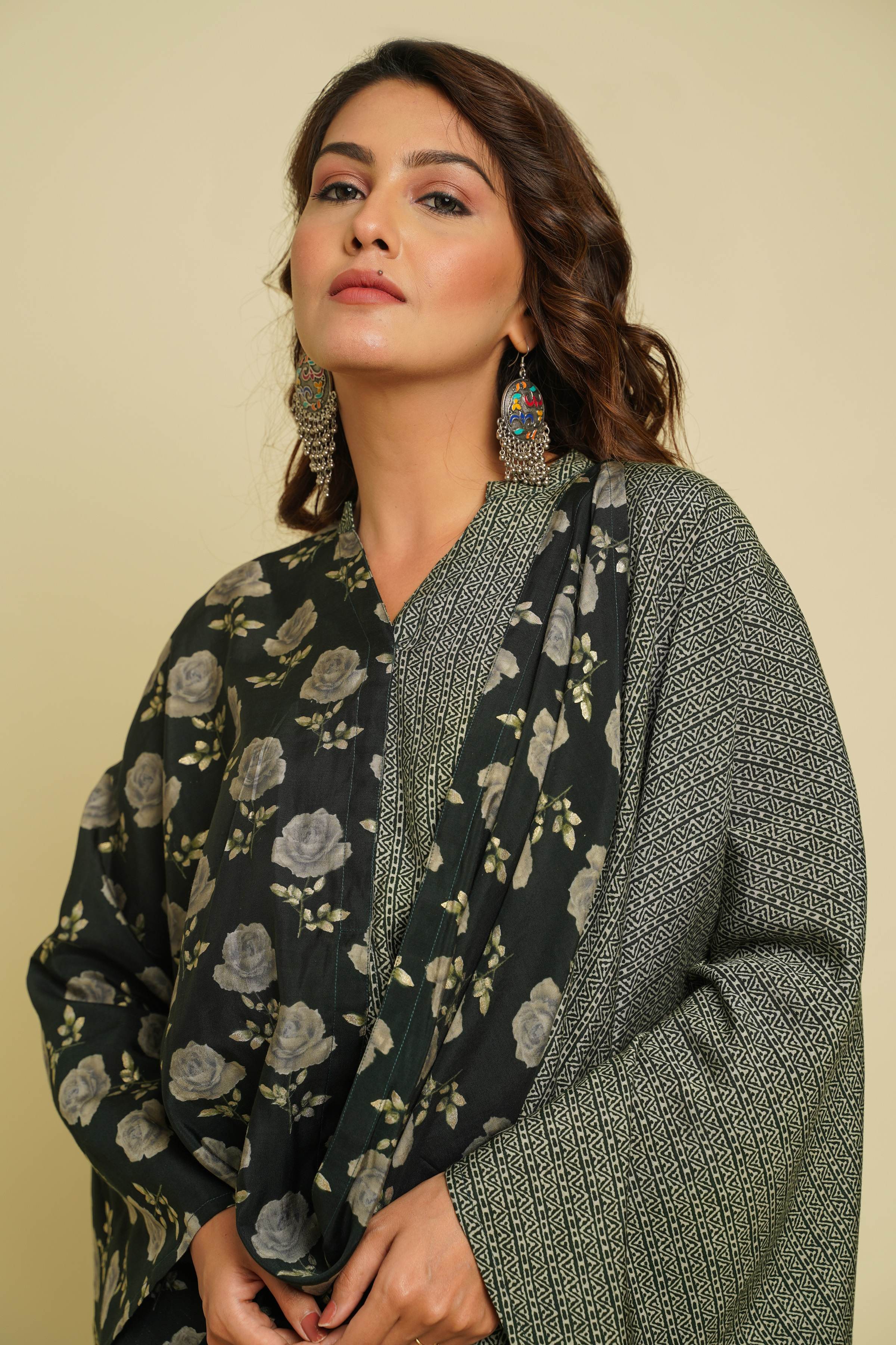 GREEN PRINTED COWL NECK CO-ORD SET