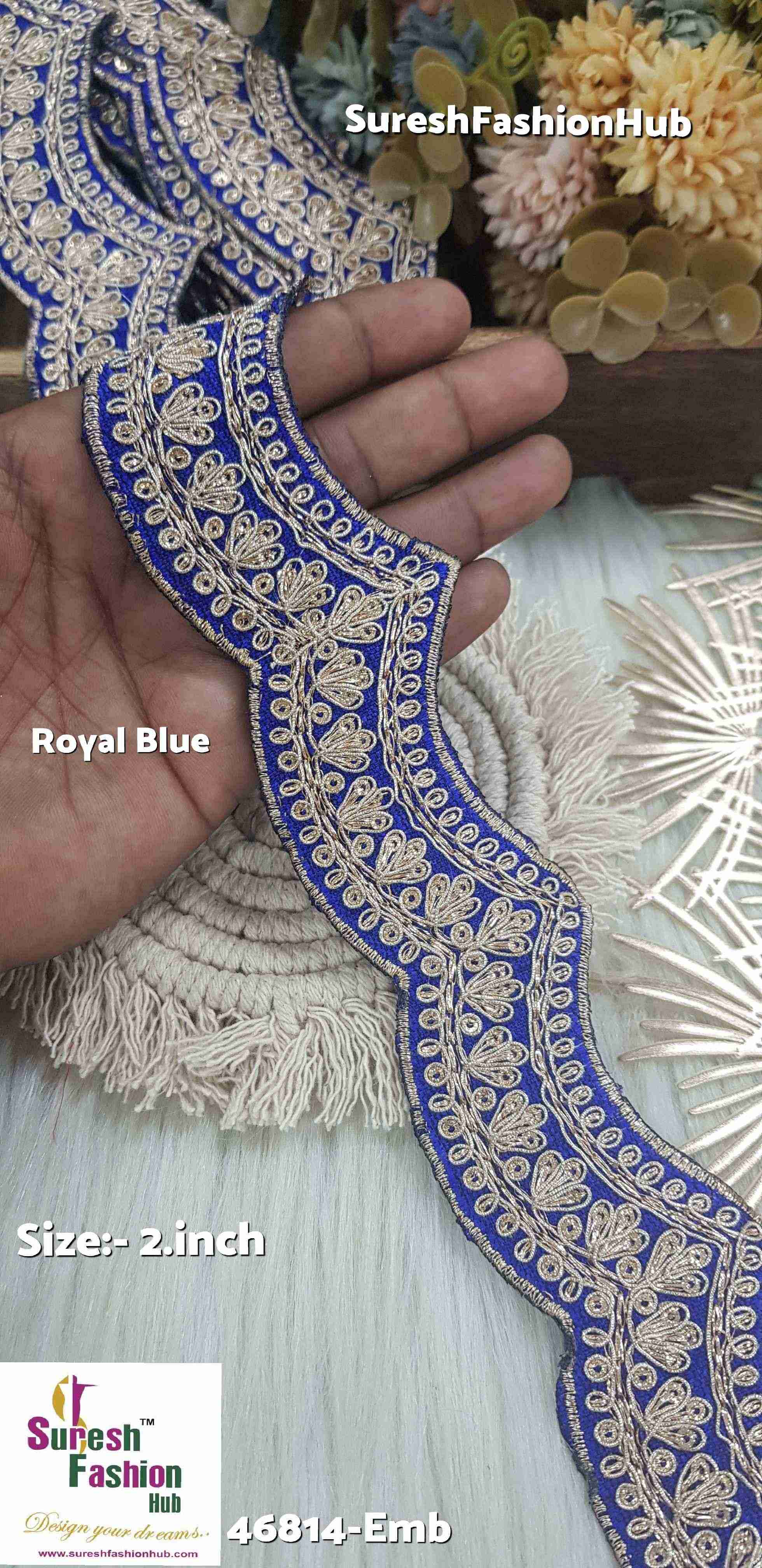 Double Scalloped Raw Silk Embroidered Royal Blue Colour Lace Roll