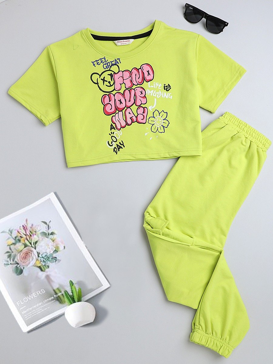 Ninos Dreams Girls Solid Cargo Style Joggers with Oversized Crop Top- Lemon Yellow